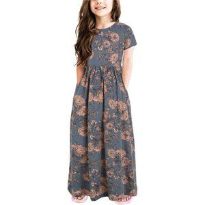 GORLYA Girl's Short Sleeve Floral Print Loose Casual Long Maxi Dress